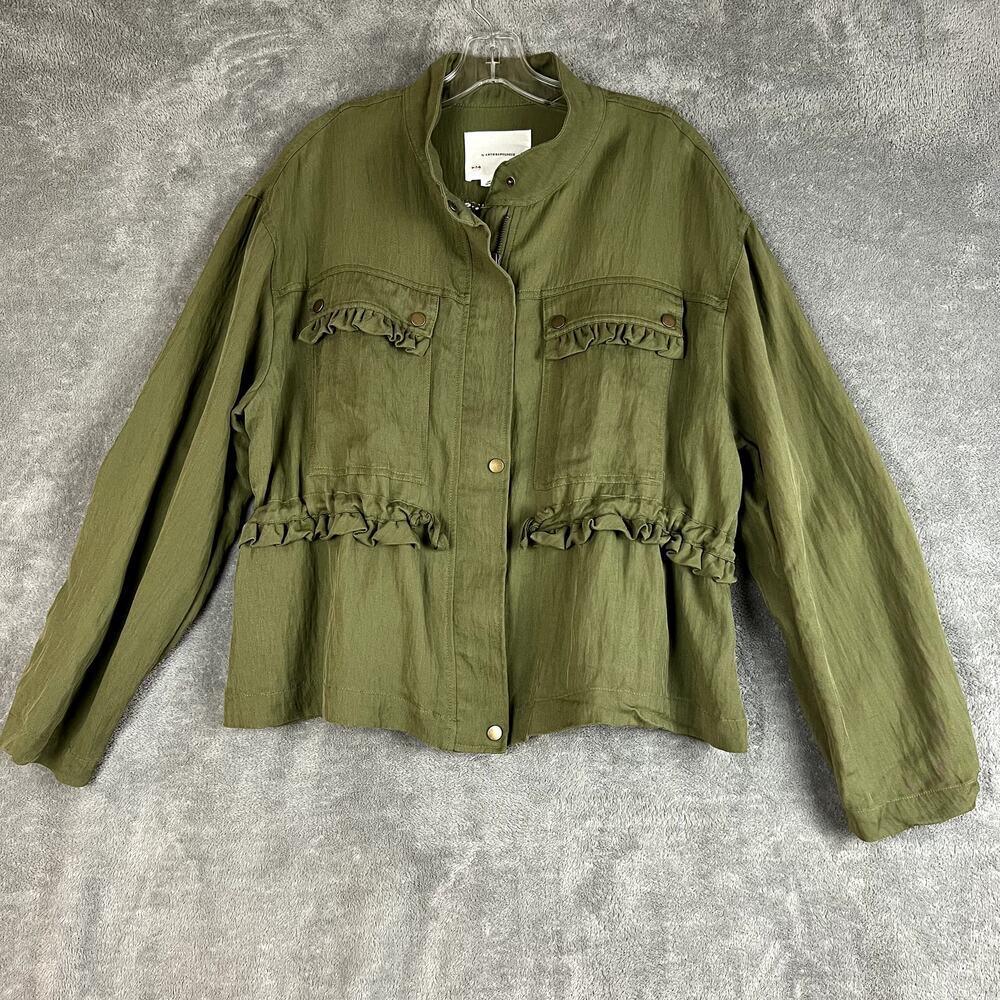 Anthropologie Oversized Utility‎ Jacket Womens M Green Ruffled Boho Lagenlook